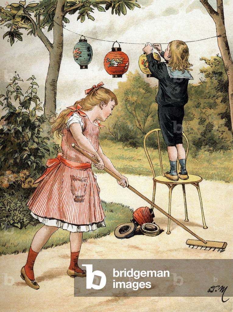 Two children preparing a party: The girl rake the gravel, the boy hang chinese paper lantern from two trees. llustration by Adrien Marie in the book Tout a la joie by Zari, Emile Guerin publication 1890