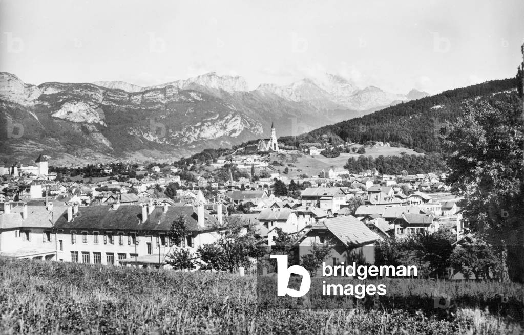 view of Annecy and the mountains surroundings , Savoy, France, c. 1935