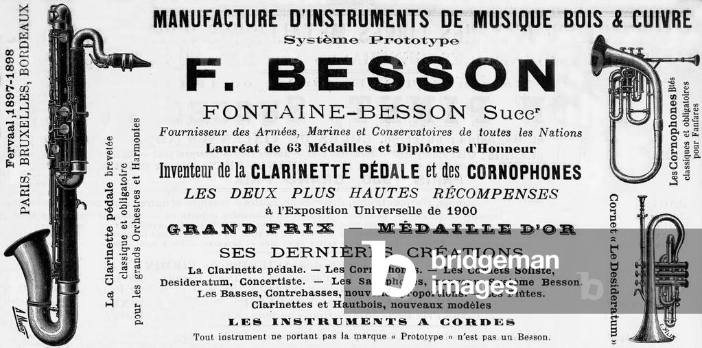 Advertisment for factory of musical instruments, c. 1900, France