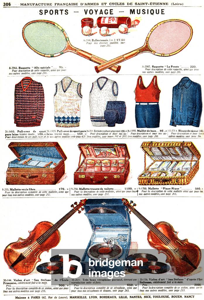 sports, travelling and music items, 1931 (illustration)