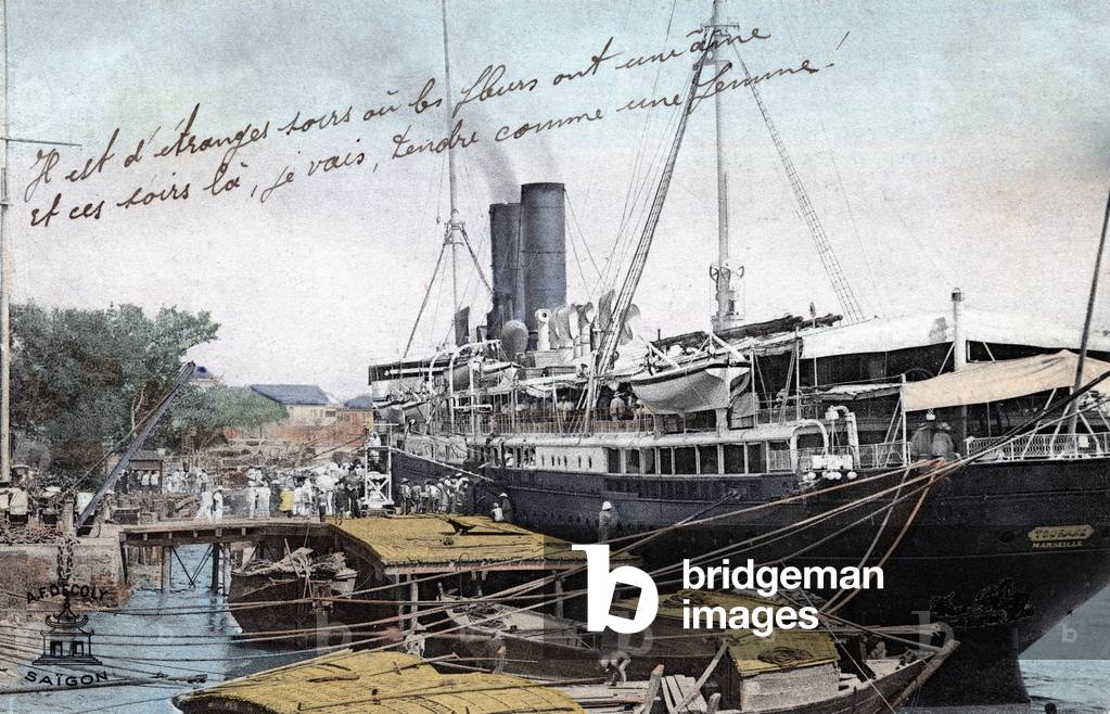 Boat with mails in Saigon, 1908 (postcard)