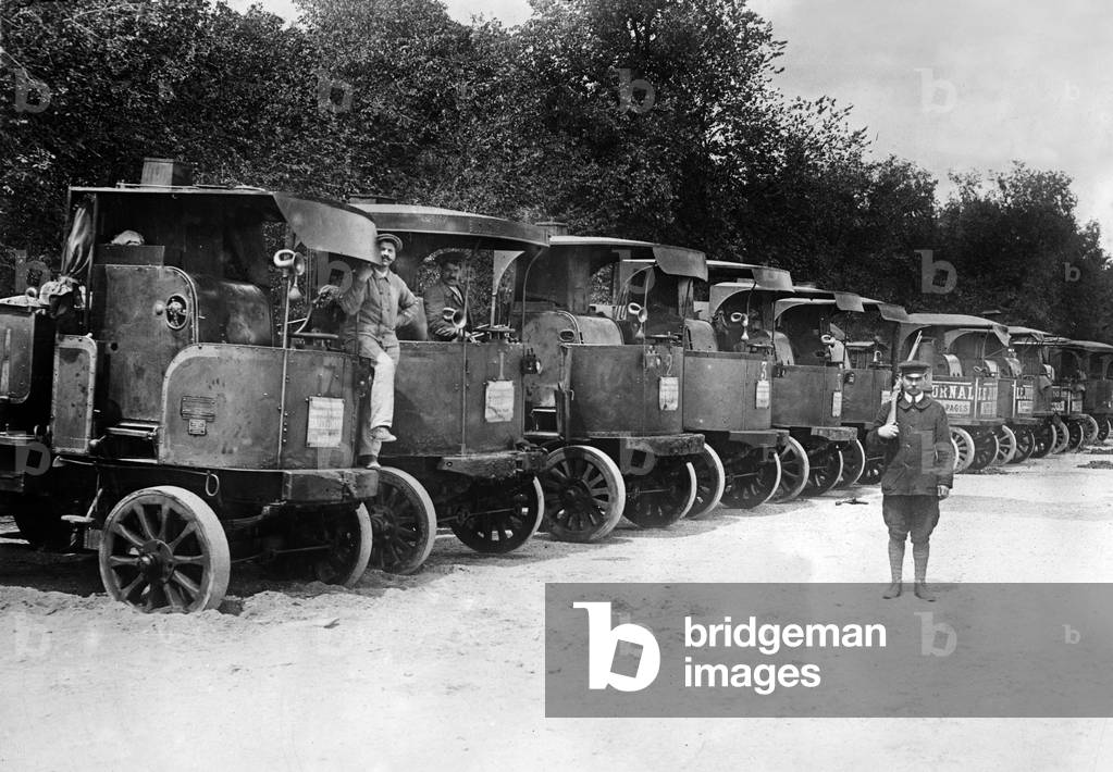 Steam lorries (trucks) for use by French army during World War I in Paris, France. Paris, between c 1914 and c 1915