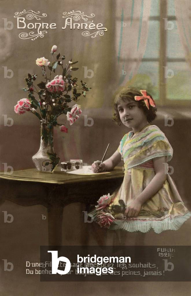 Little girl writing a card for new year, Postcard, c. 1910 - 1920