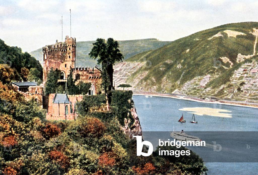 Rheinstein castle along the Rhine, 1920's (postcard)