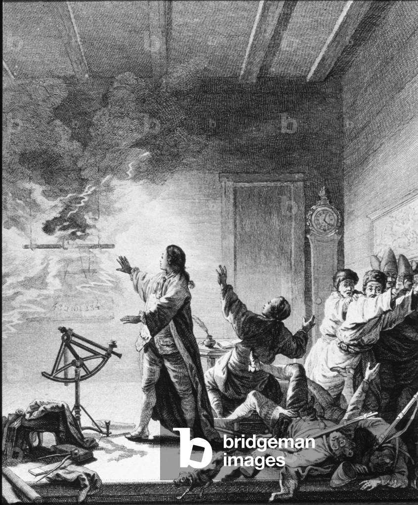 Jean Chappe during an experiment about natural electricity in Tobolsk in 1761, 19th century (engraving)
