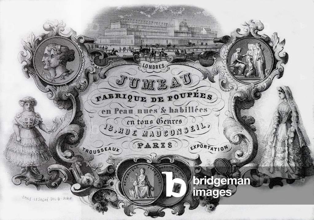 Pierre Francois Jumeau's business card from 1851 created for the London Universal Exhibition in 1851. We can see on the top the Crystal Palace.