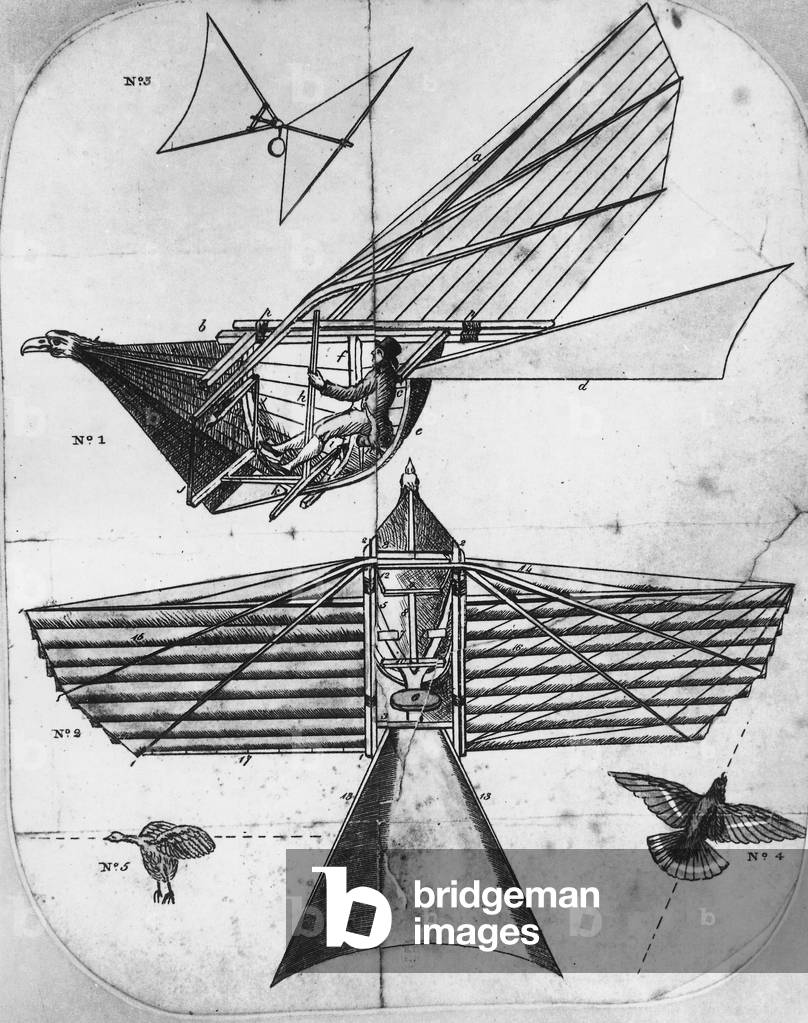 Diagram of Thomas Walker's ornithopter, 1810 (engraving)