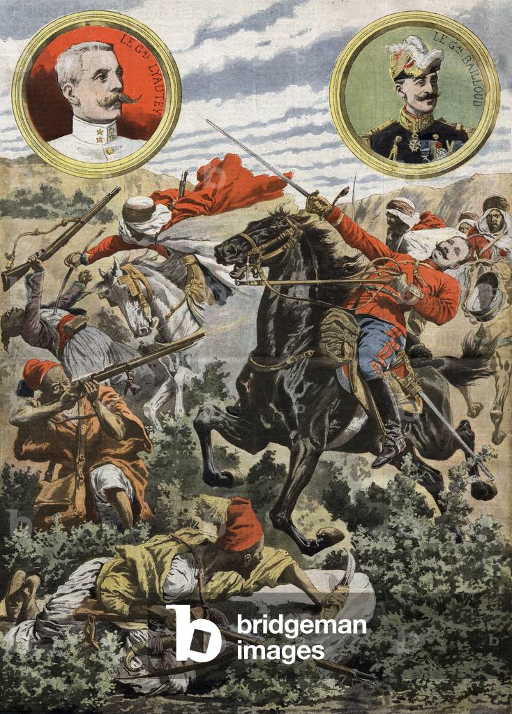 Heroic death of an officer (Lieutenant Roze) commanding spahis regiment killed by members of moroccan tribes, illustration from french newspaper 
