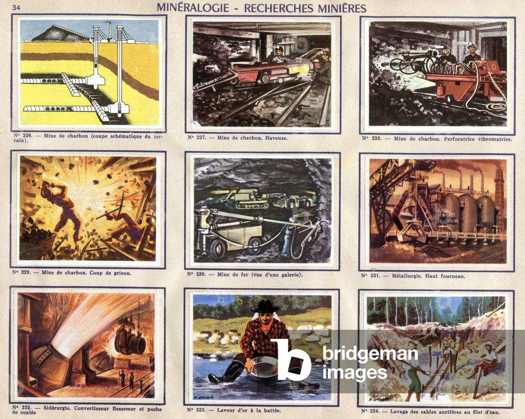 Mineralogy and mining, illustrations from an album published by Cantaloup Catala chocolate factory, France, 1955