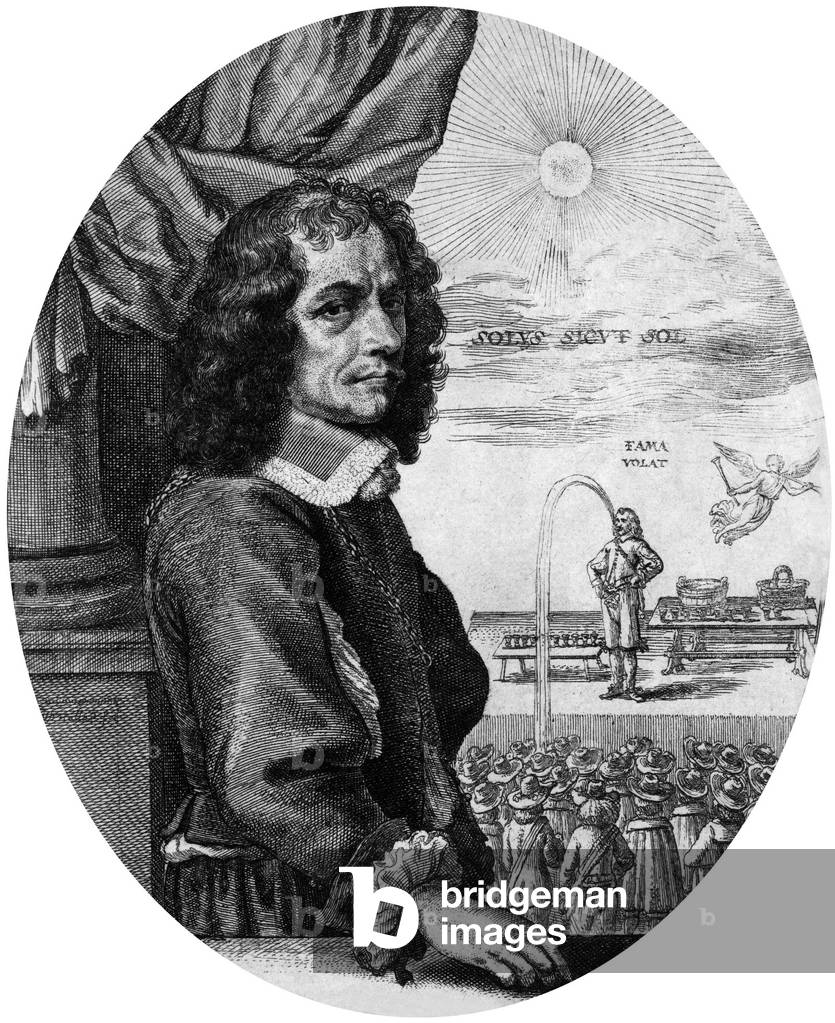 Blaise Manfre, the magic water-eater: he swallowed water and spat out with beautiful jets, engraving by Wenzel Hollar, 1651
