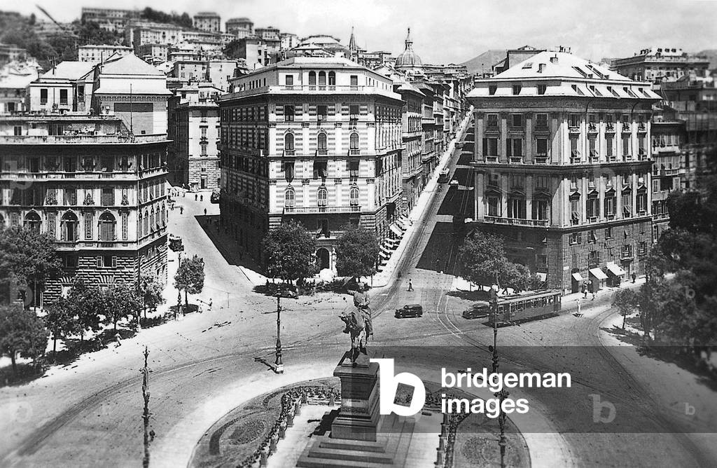 Corvetto square in Genoa Italy, 1930's (b/w photo)