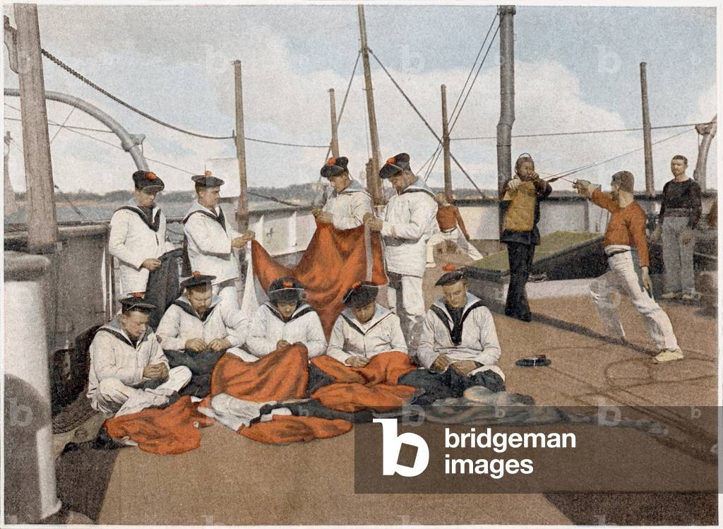 repairing of flag by helmsmen in french navy, illustration from a military album, 1915