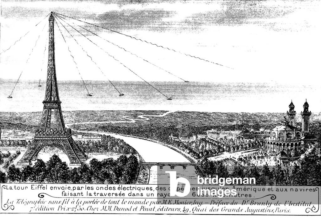 wireless telegraph: the Eiffel Tower sending dispatches by electric waves as far as America and to boats during their crossings within a 6000 km radius, engraving from book by E.Monier published in 1913