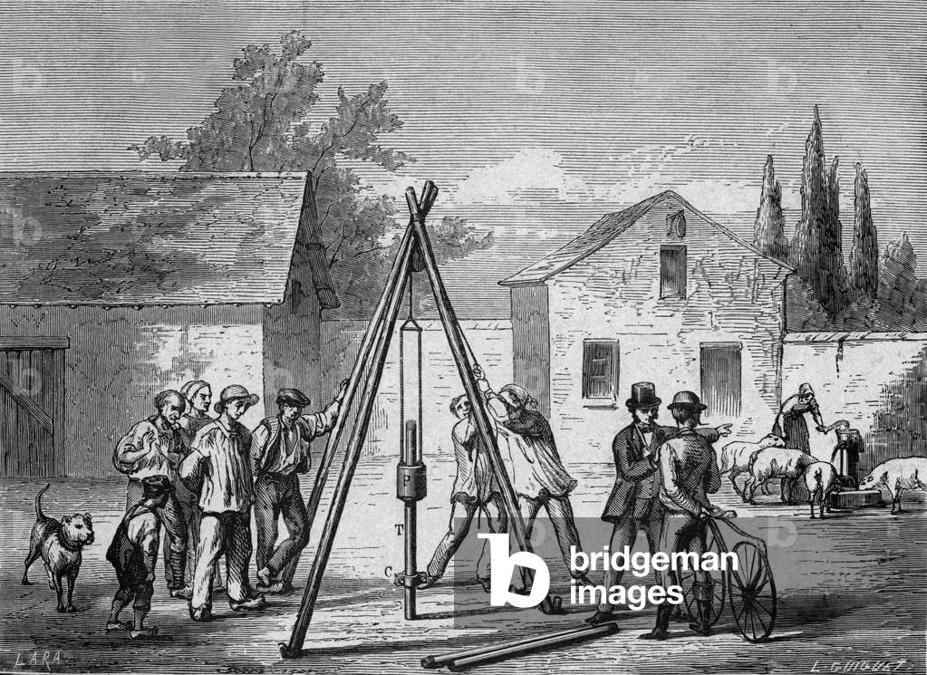 Sinking of a well, engraving from book “Album of science illustres great discoveries” 1899