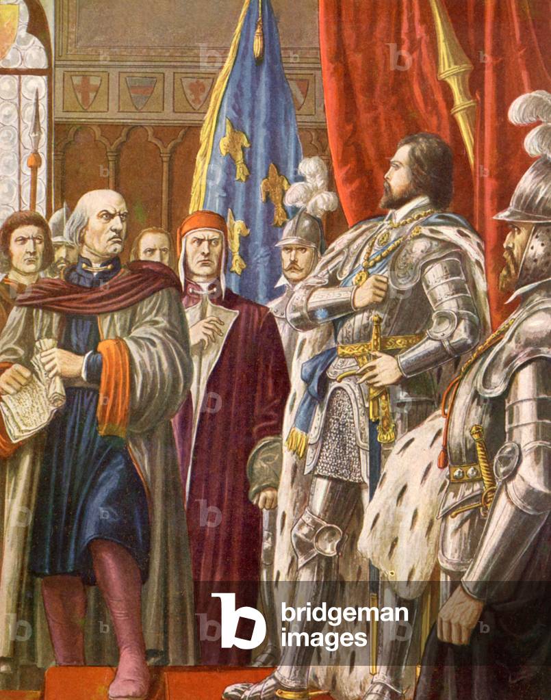 Pier Capponi, secretary of Republic of Florence, and french king Charles VIII who has just entered the town, 1494 , illustration, 30's