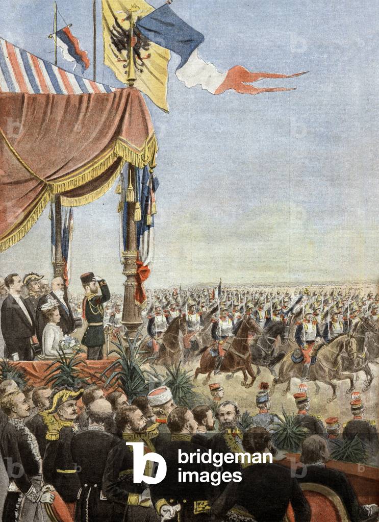 Visit of czar Nicolas II of Russia in France: here at military parade in Betheny, illustration from french newspaper 