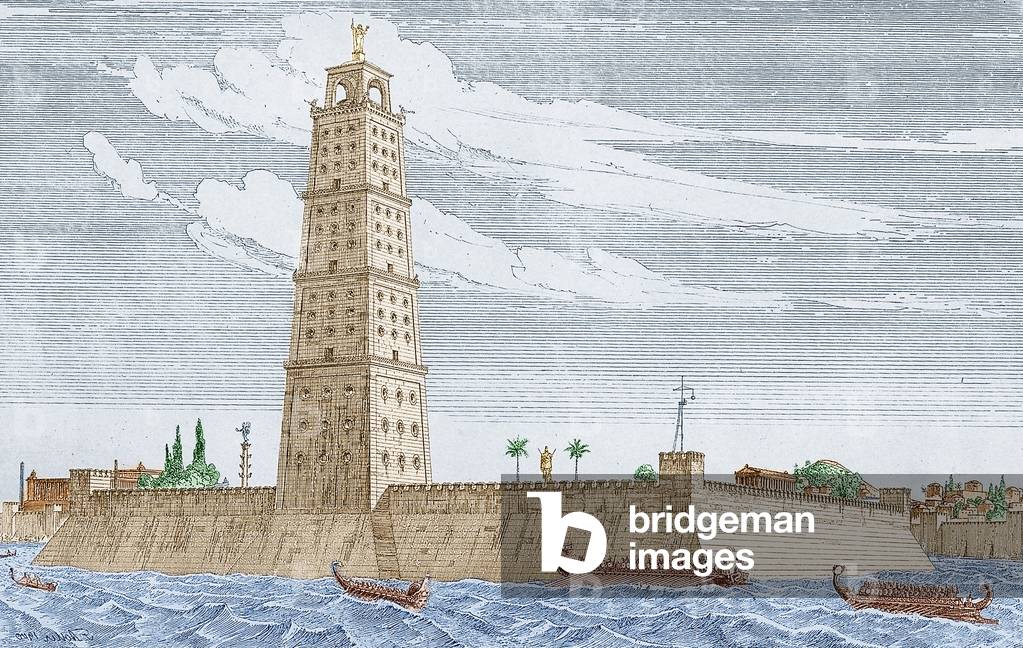 Lighthouse in Alexandria (one the seven wonders of the world) engraving by F. Adler dating 1901, colourized document