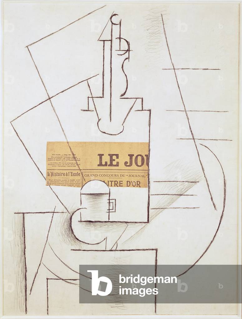Bottiglia, tazza e giornale, 1912-13 (gesso e collage su carta)