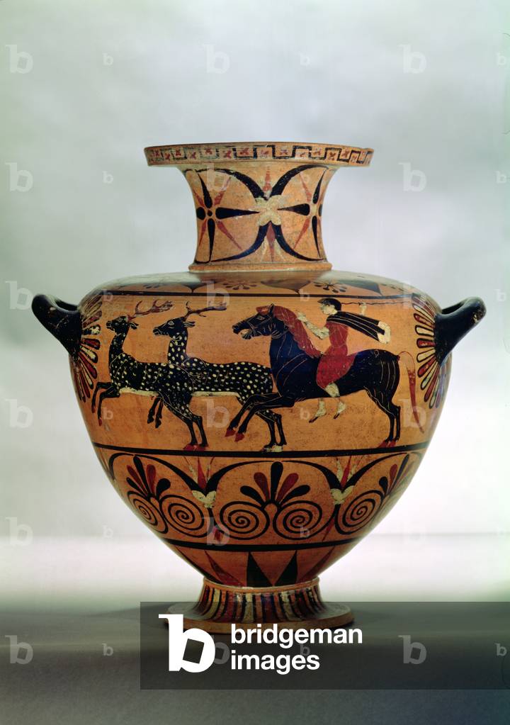 Etrusco-Ionische Schwarzweißhydrien, die eine Jagdszene darstellen, aus Cerveteri, um 540-530 v. Chr. (Keramik