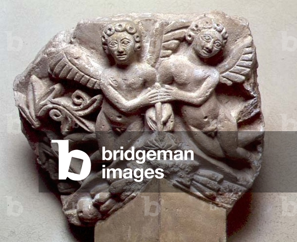 Relief of Two Angels Holding a Garland, Egyptian Coptic Period, c.300-1100 AD (stone)