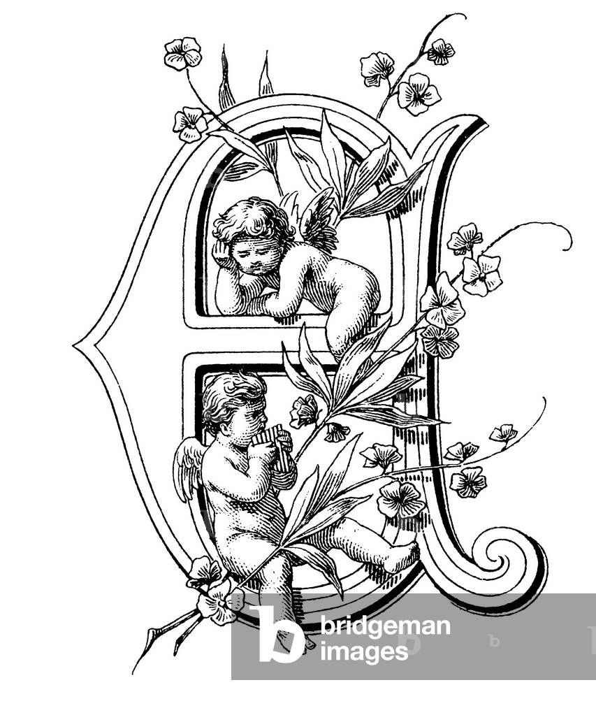 Alphabetic character, letter E, cupid