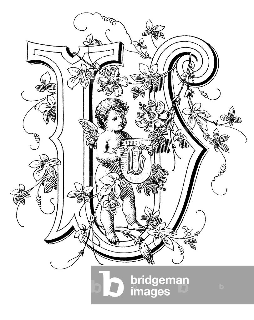 Alphabetic character, letter U, cupid