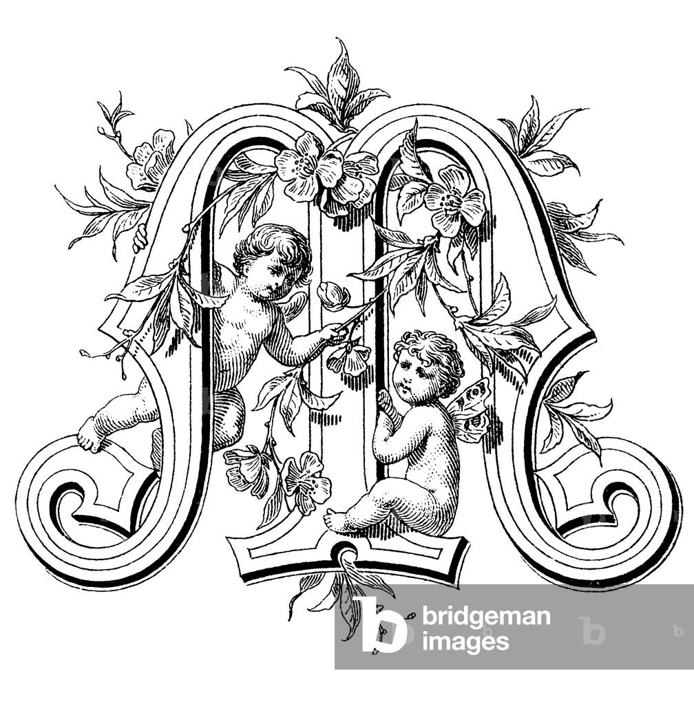 Alphabetic character, letter M, cupid