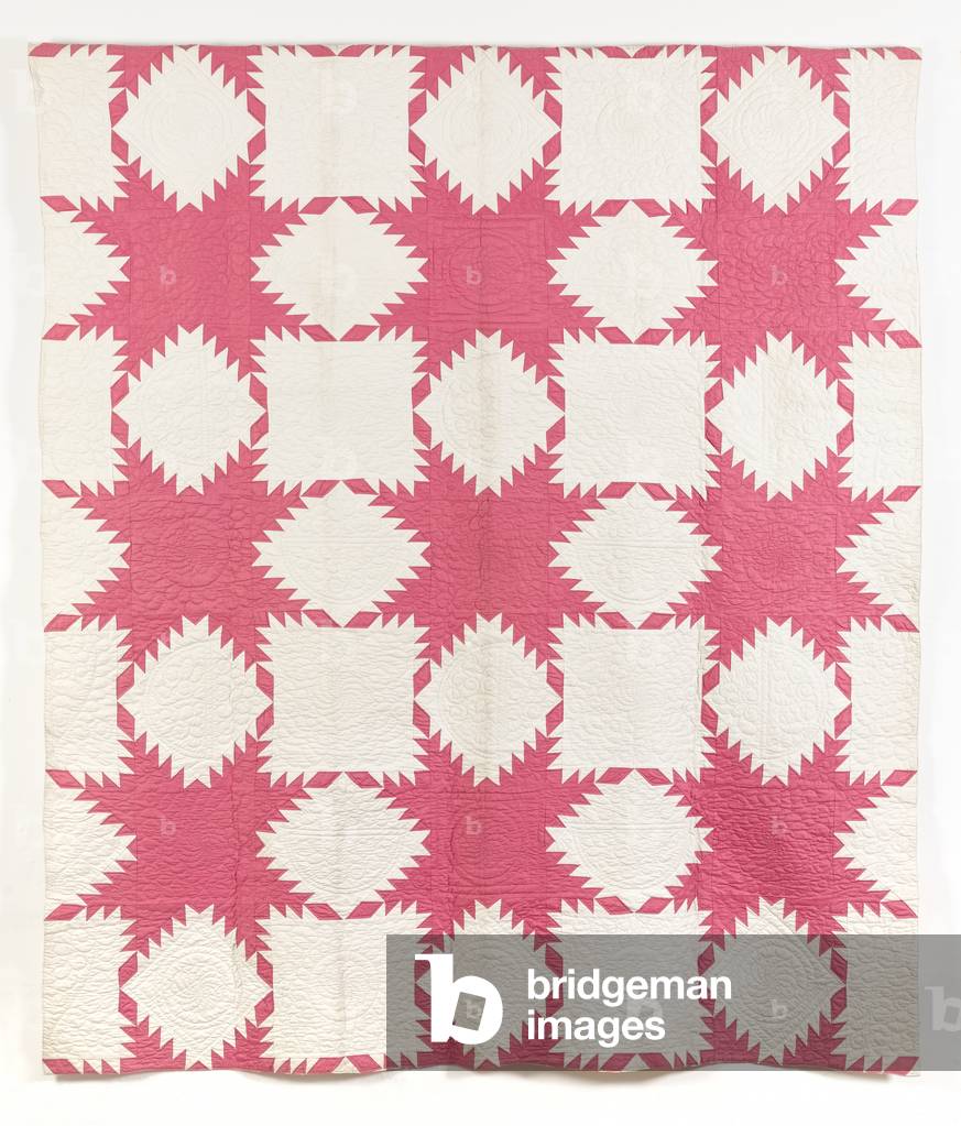 Pink and white feathered star quilt, 1900-20 (cotton)