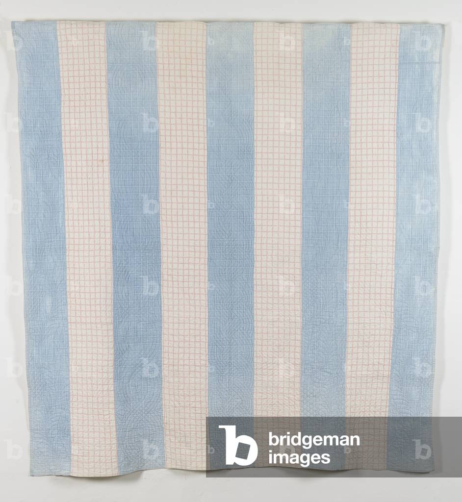 Blue and Red Check Cotton Strippy Quilt, 1900-10 (cotton)