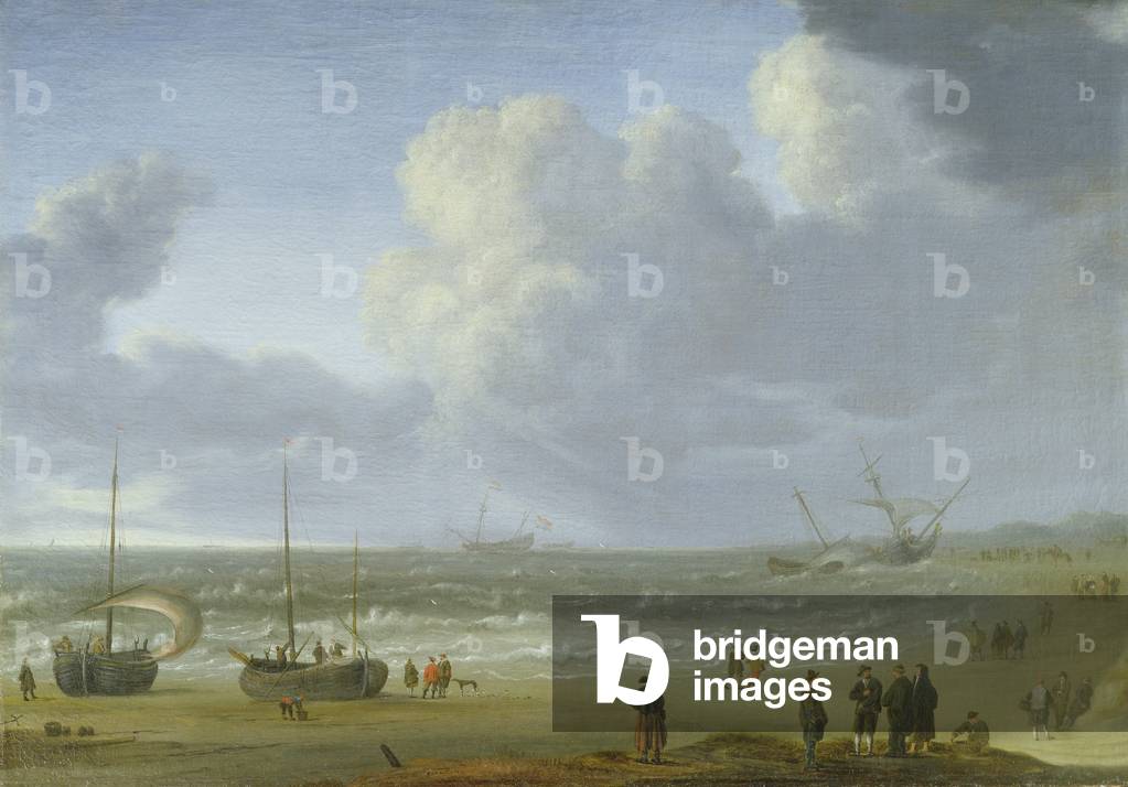 Ships in an Estuary with Fishermen by a Jetty (oil on panel)