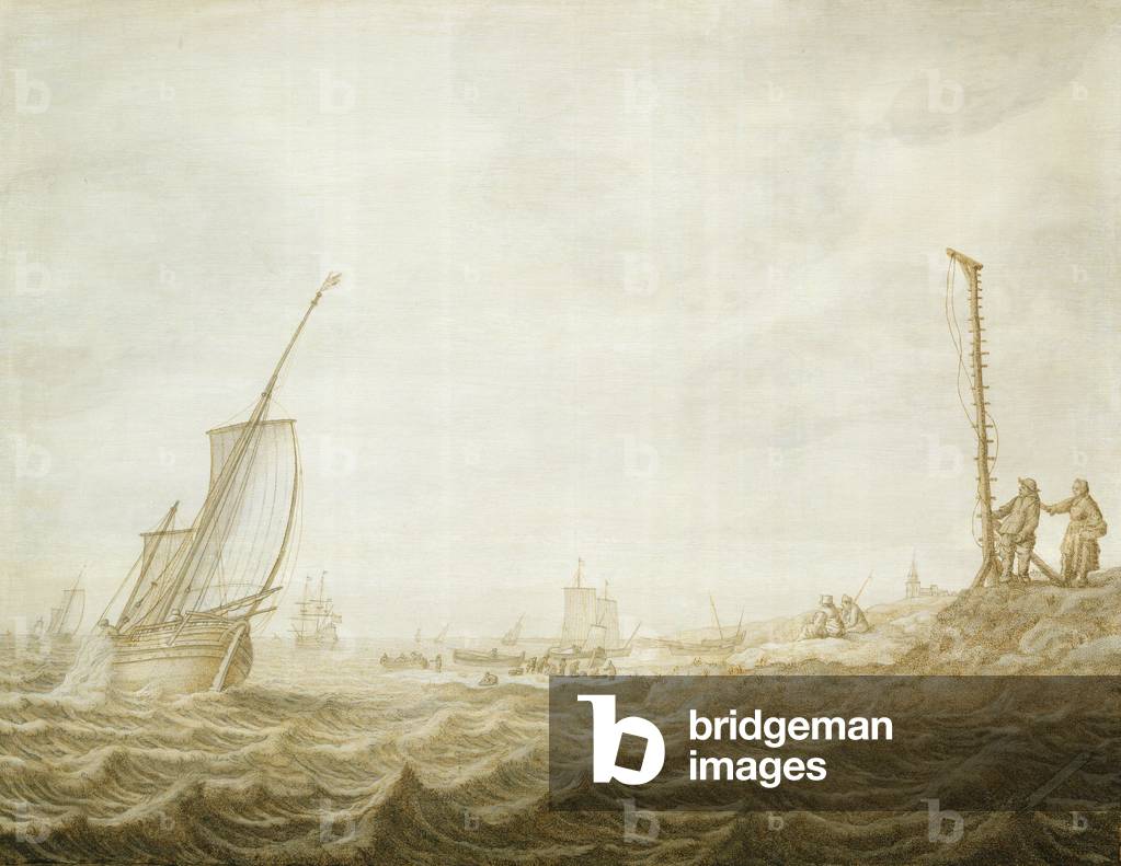 A Grisaille of a Coastal Scene with Figures (oil on panel)