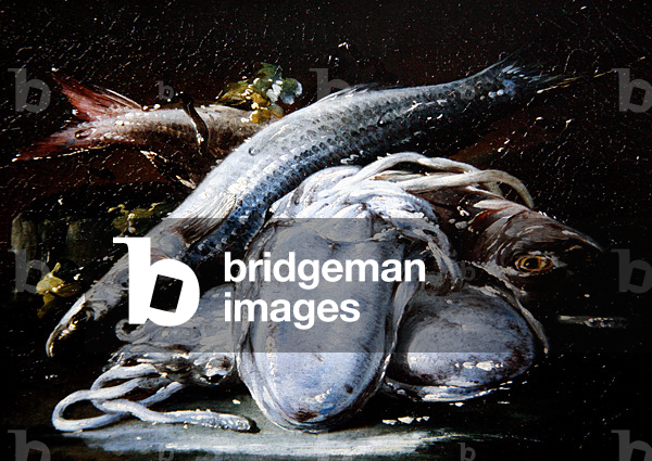 Squid, Grey Mullet and Red Mullet resting on a Stone Ledge (oil on canvas)