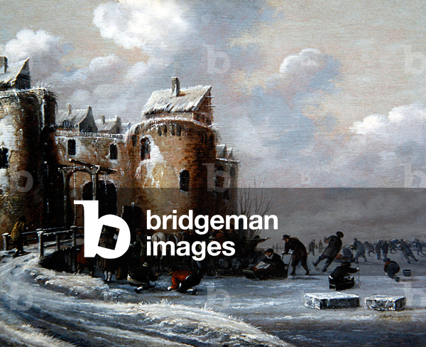 A Winter Landscape with Skaters by a Fortified Gatehouse, 1668 (oil on panel)
