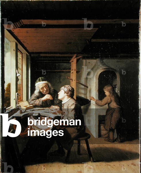 A Watchmaker and his Apprentice (oil on canvas)