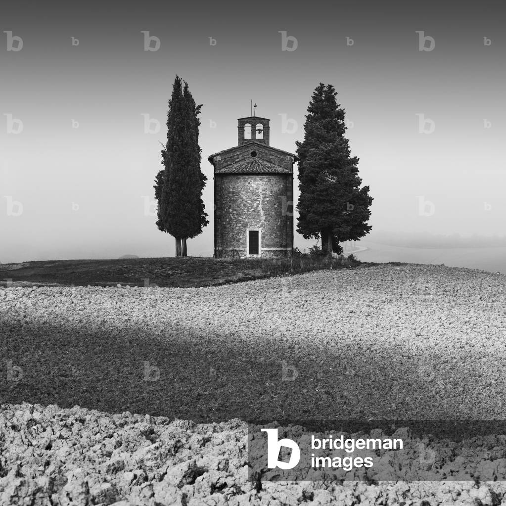 Cappella della Madonna di Vitaleta, San Quirico d'Orcia, Province of Siena, Tuscany, Italy, 2015 (b/w photo)