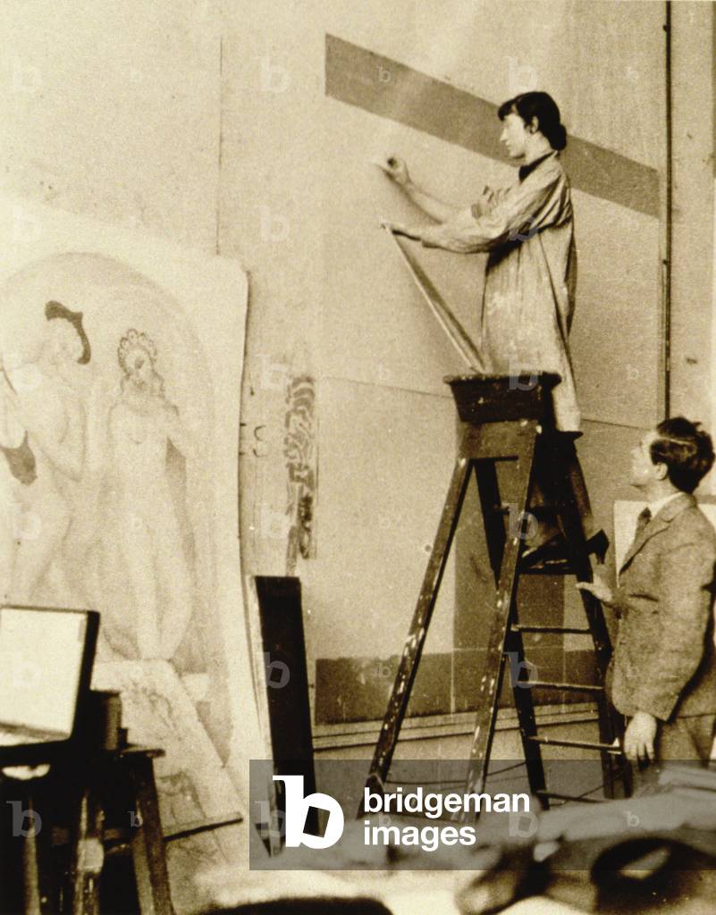 Mural being installed, c.1950 (b/w photo)
