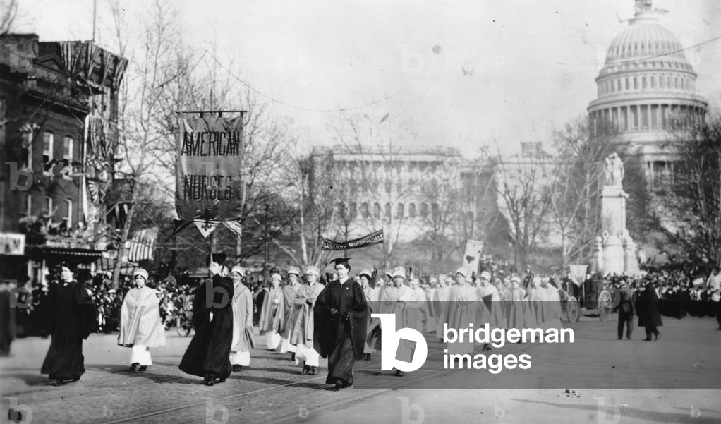 American Nurses march at the start of the March 3, 1913 womens suffrage parade in Washington D.C., 1913 (b/w photo)