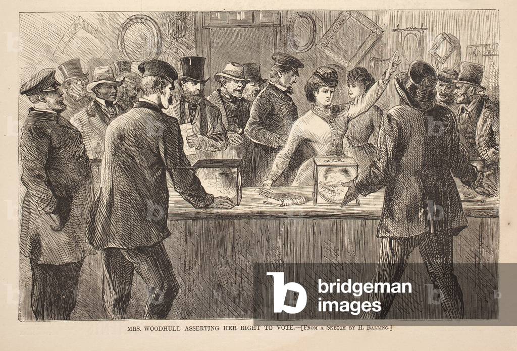 Mrs. Woodhull Asserting Her Right to Vote, engraving from Harpers Weekly, November 25, 1871 (newspaper engraving)