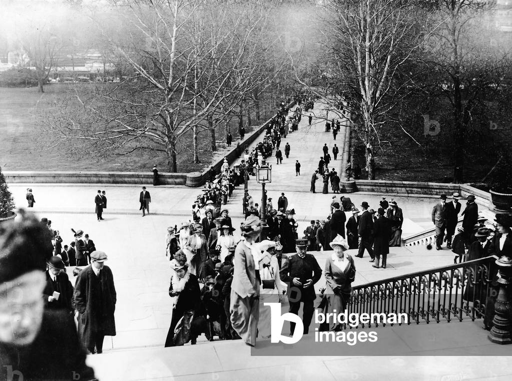 Alice Paul leads suffragists up Capitol steps to demand passage of the 19th Amendment, April 7, 1913 (b/w photo)