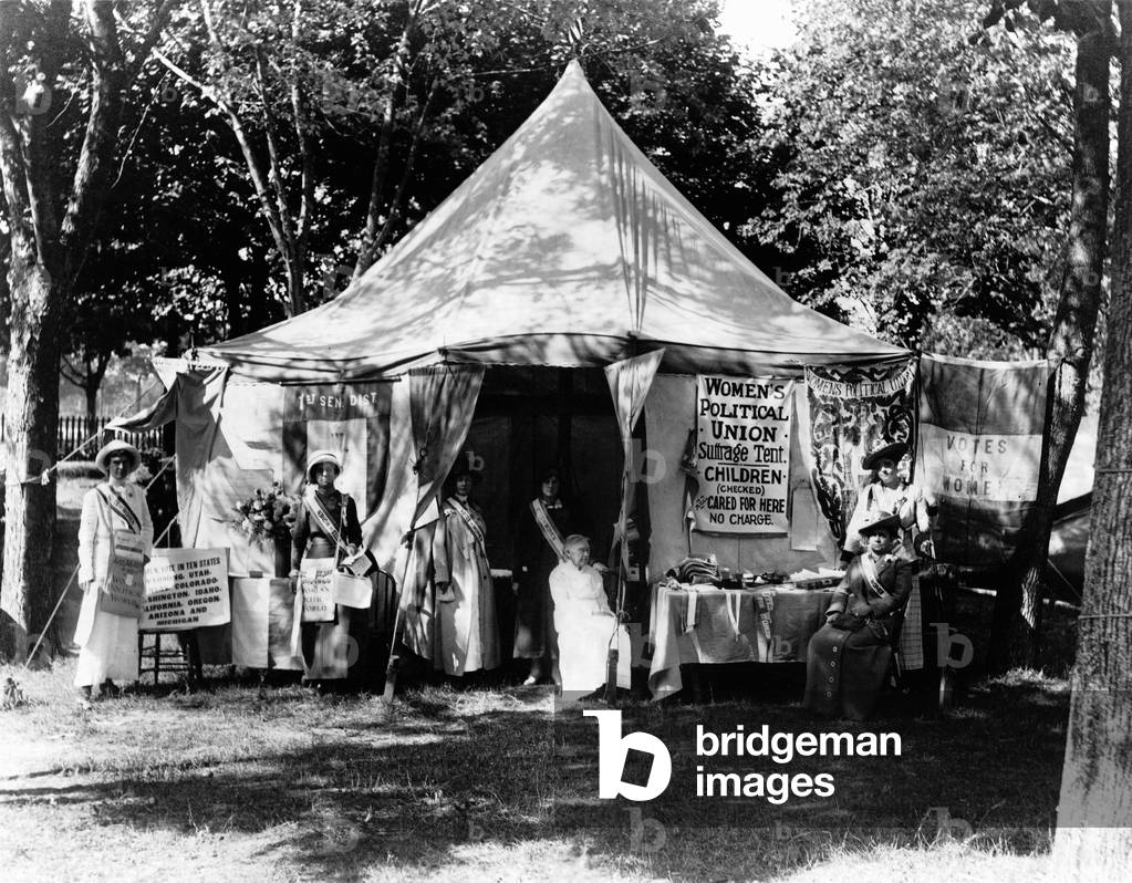 Suffrage Tent offers free child care during the Suffolk County Fair in New York, 1913 (b/w photo)