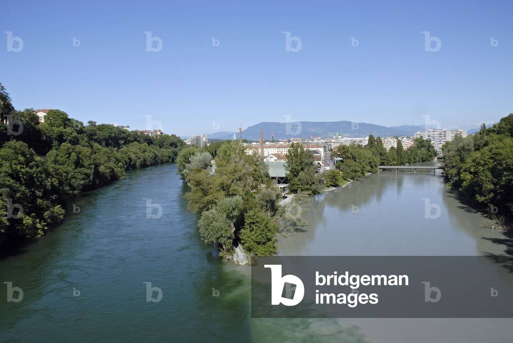 Confluence of the Arve and the Rhones. General view, Geneva (Switzerland).