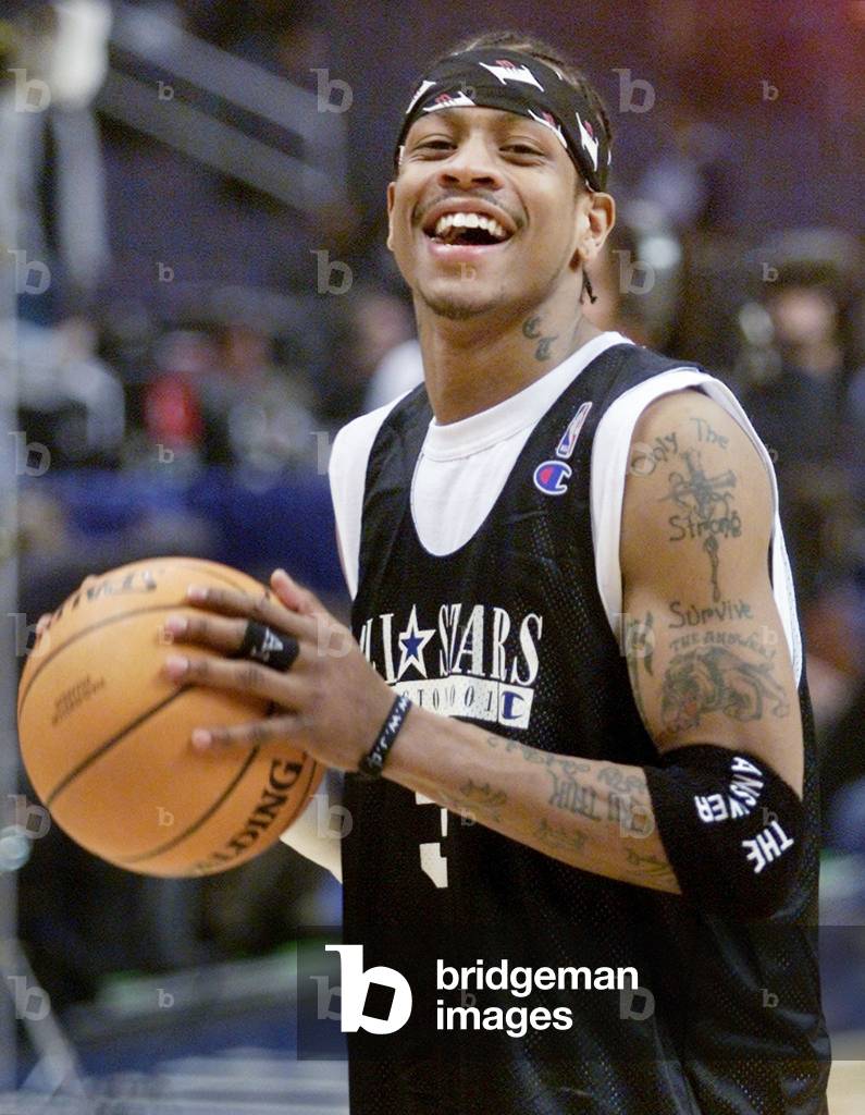 Image of NBA ALL STAR ALLEN IVERSON LAUGHS DURING PRACTICE