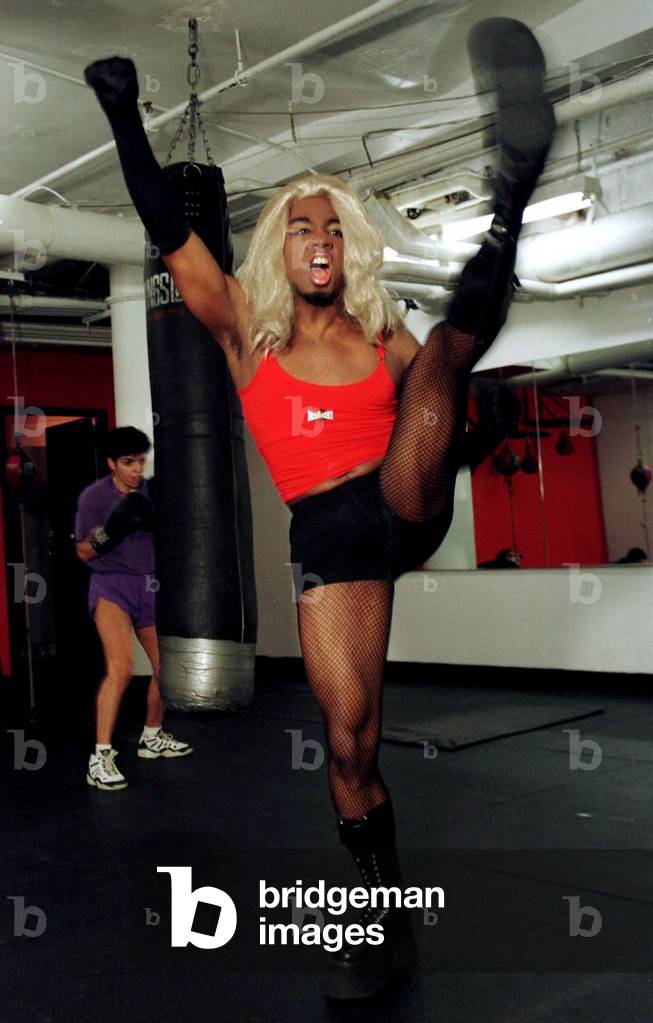 Image of Cross dressing aerobics instructor Anthony Truly in action at the