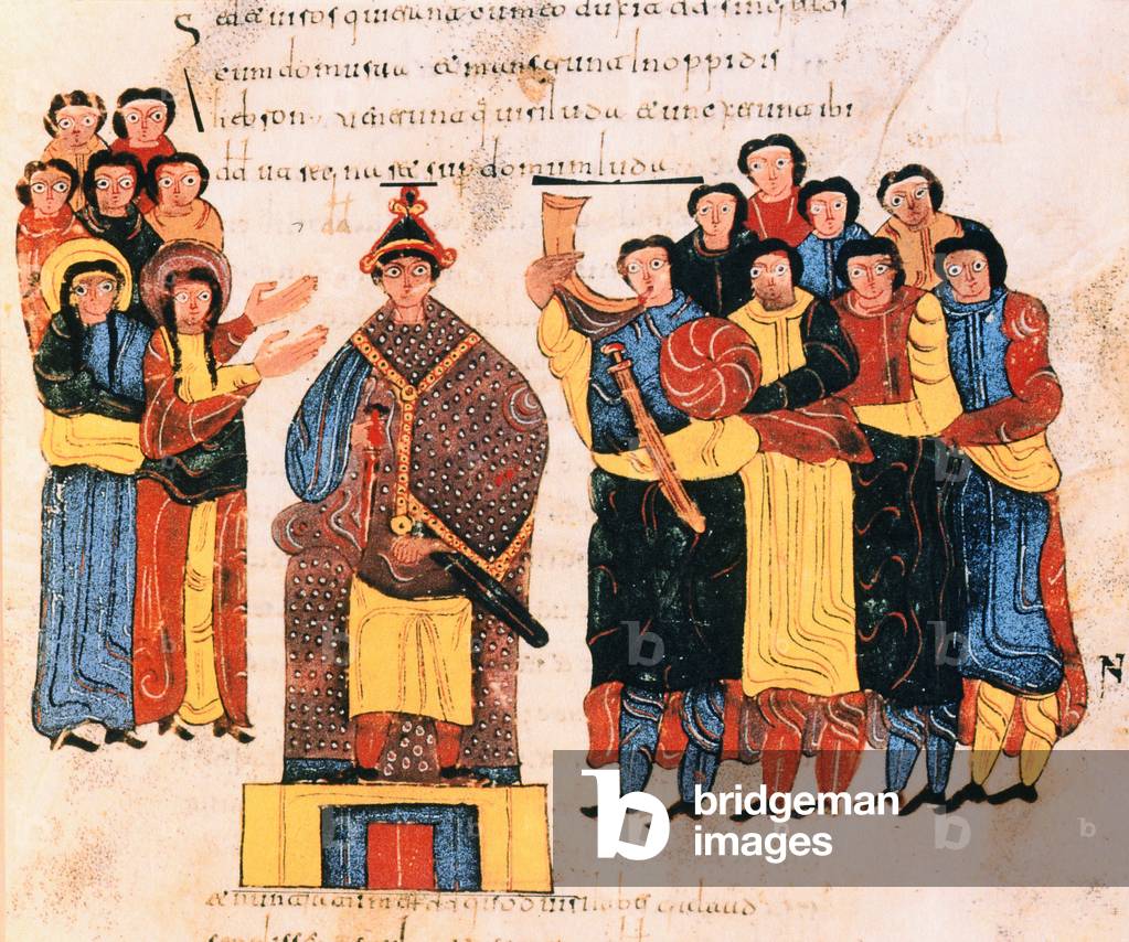 David is proclaimed king before the people of Juda, from the Visigothic-Mozarabic Bible of St. Isidore's, fol.125r.,  A.D. 960 (tempera on vellum)