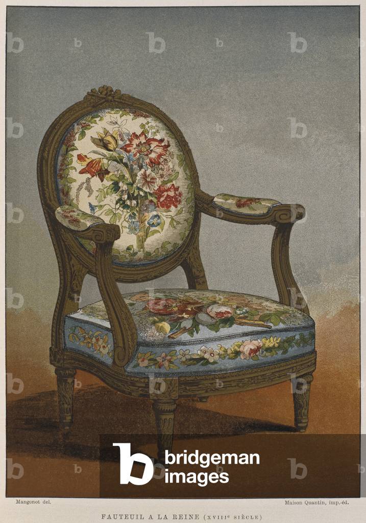 18th century 'a la reine' armchair with flowered tapestry, illustration from the 'Dictionnaire de l'ameublement et de la decoration' by Henry Havard, volume 4, plate 29, Paris, Maison Quantin, 1878 (colour litho)