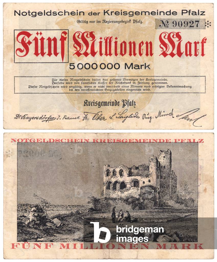 A five million mark banknote, c.1923 (recto and verso) (colour litho)