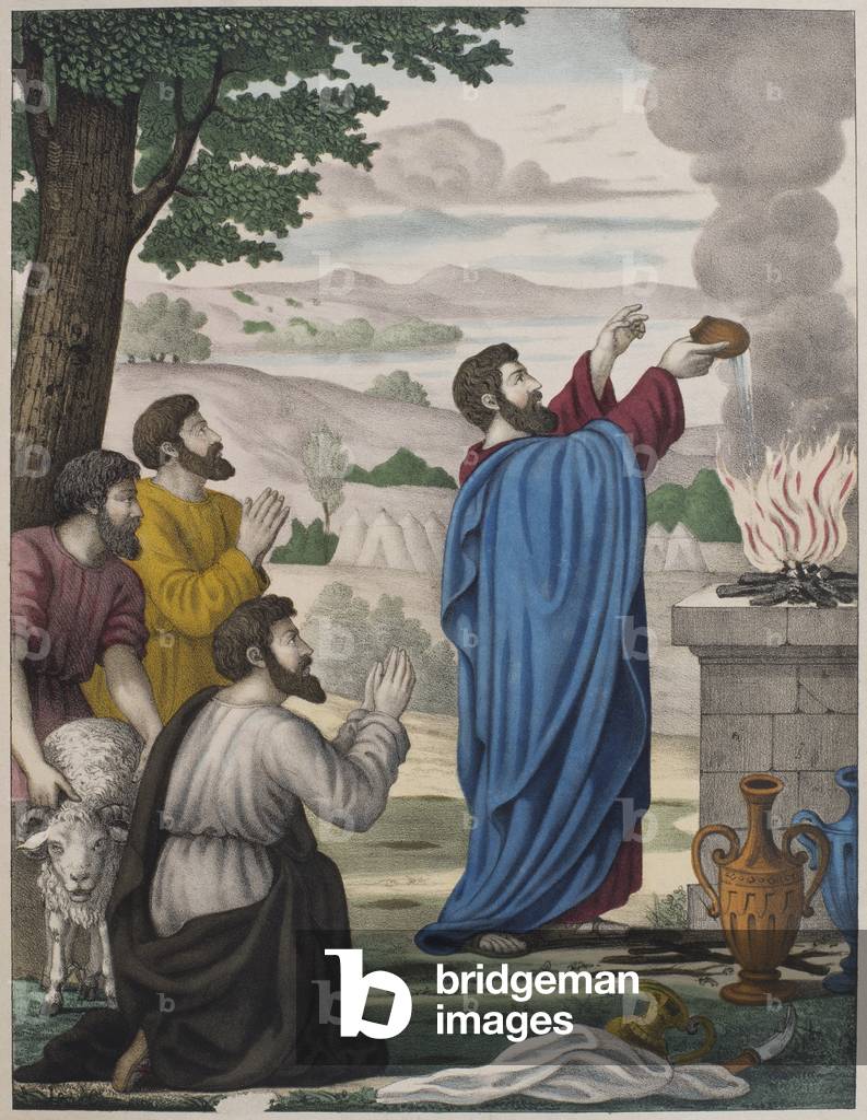 The rival sacrifices of Elijah and the priests of Baal, illustration from a catechism 'L'Histoire Sainte', published by Charles Delagrave, Paris, late 19th century (colour litho)