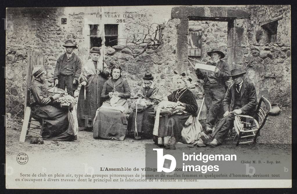Postcard depicting the villagers meeting or 'Couvige', Le Puy-en-Velay, c.1900 (b/w photo)