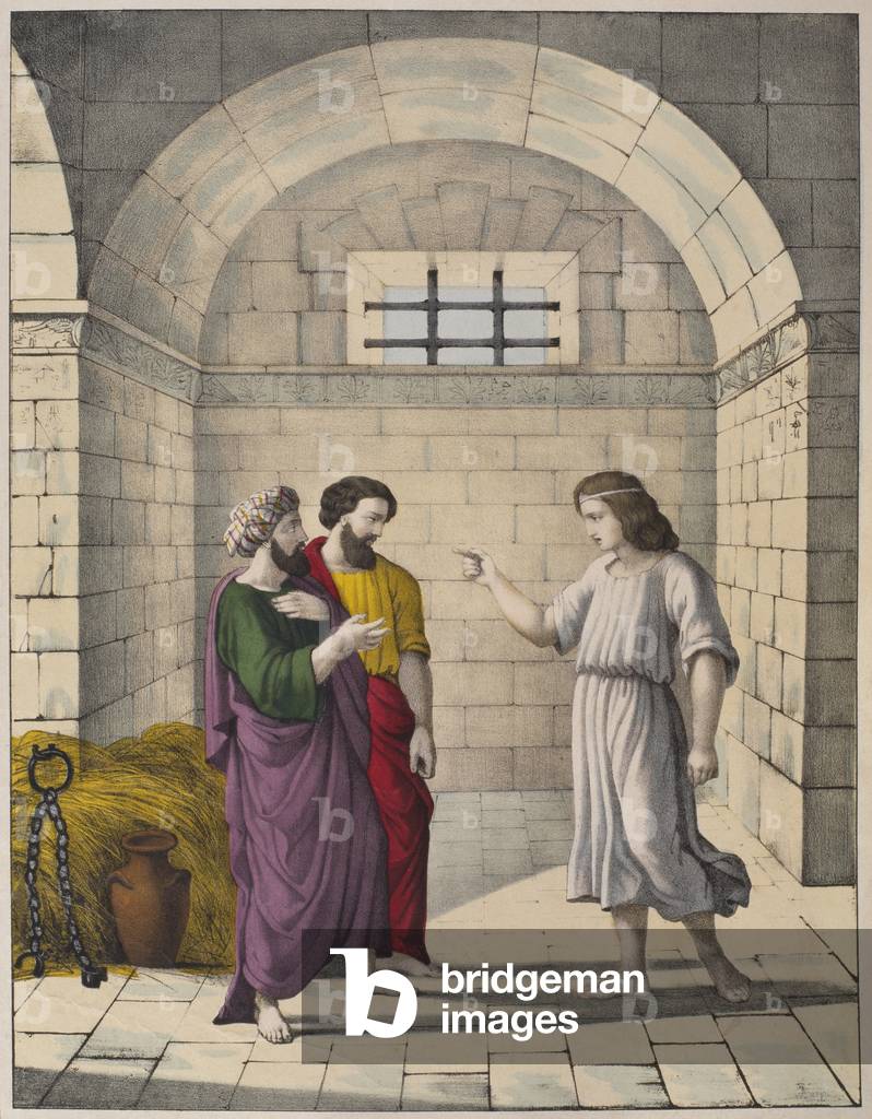Joseph in prison explaining the dreams of the chief baker and the chief butler, illustration from a catechism 'L'Histoire Sainte', published by Charles Delagrave, Paris, late 19th century (colour litho)