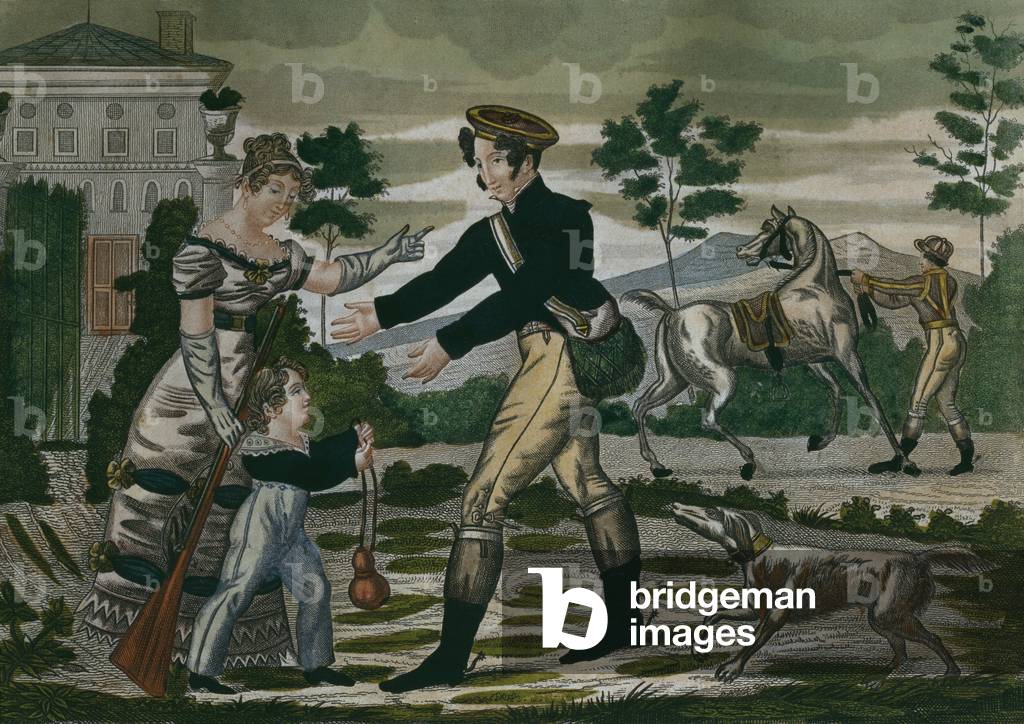 Preparing for the hunt, plate 1, early 19th century (colour engraving)